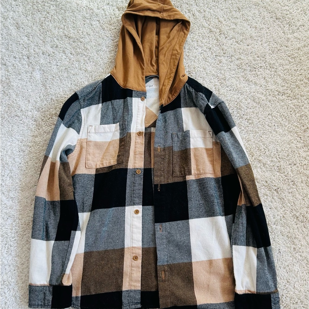Plaid Hooded Jacket - Black, White, Tan